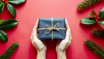 A pair of hands holding a gift box surrounded by Christmas decorations on a red background with a festive mood.