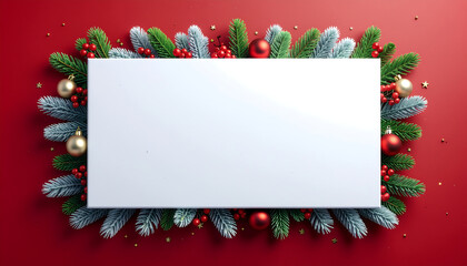 Merry Christmas greeting card template with festive green and red decorations on a red background with a white space for text.