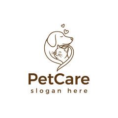 Pet care logo design with dog and cat embracing in heart shape, line art style, isolated on white background