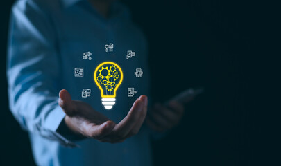 Business technology solution, digital network concept, man with light bulb infographic diagram of new ideas, information technology icons. data connection, business communication process.