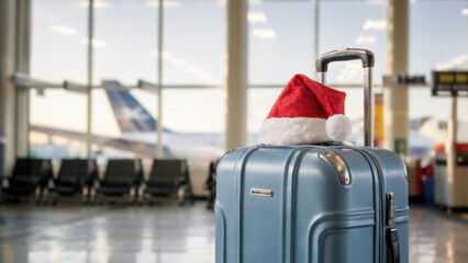 Luggage with Santa hat at airport terminal during holiday travel season