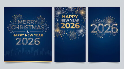 Happy New Year 2026 and Merry Christmas corporate blue social media backgrounds with fireworks - Templates for company marketing stories, square, portrait posts