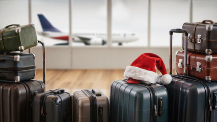 Luggage decorated for Christmas getaway at airport with festive atmosphere