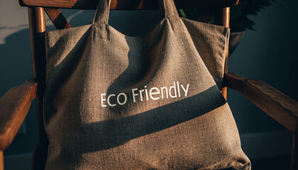 EcoFriendly Tote Bag on Wooden Chair Sustainable Shopping, Environmentally Conscious Living, Zero Waste Lifestyle Concept