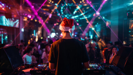 DJ wearing Santa hat performing at lively New Year party with colorful lights
