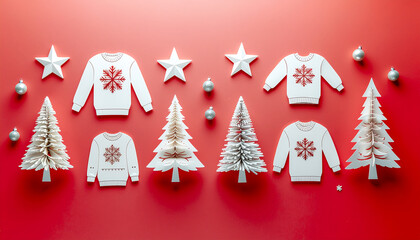 A festive holiday flat lay featuring white paper cutout Christmas trees, sweaters with snowflake designs, and stars on a red background, conveying a Merry Christmas theme with a touch of