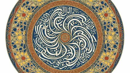 Intricate Islamic Calligraphy Plate with Swirling Arabic Script and Floral Motifs.