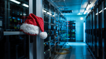 High-tech server room with glowing blue server racks. A bright red Santa Claus hat hangs on one of the metal handles.