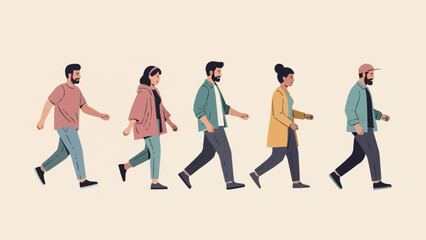 Diverse group of people walking together in casual attire, side view.
