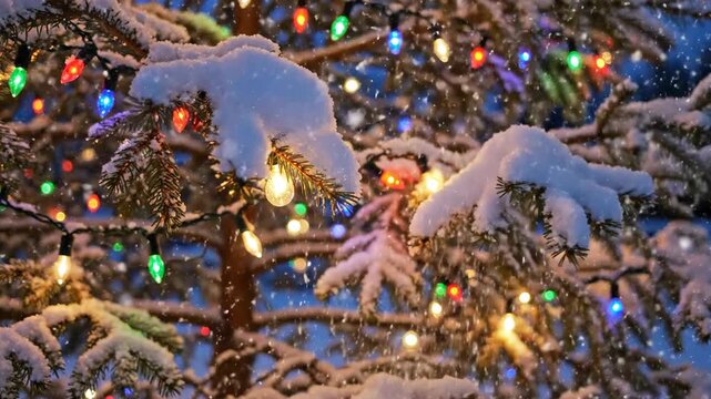 Snow covered pine tree branches decorated with colorful string lights during winter