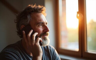 wide shot mature man with beard talking on phone next to sunny window. High quality