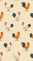 Obraz premium A cute, repeating farm animal pattern featuring stylized hens and roosters on a light pastel background, perfect for textiles or wallpaper design ,backdrop ,farm ,decorative