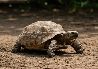 A large ancient reptile, a tortoise, moves with immense deliberate slowness across dry soil, illustrating patience and endurance ,armor ,terrain ,conservation