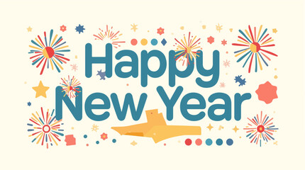 Vector illustration of a happy new year font design in a modern flat style, incorporating vibrant fireworks elements with bold lines and geometric shapes