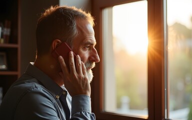 wide shot mature man with beard talking on phone next to sunny window. High quality