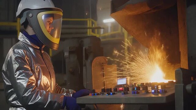 Worker in aluminized thermal suit and full face visor adjusting smelter controls with sparks