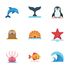 Fototapeta premium Polar sea animal illustration set, penguins seals whales shells, cold ocean nature celebration symbols, colorful flat vector