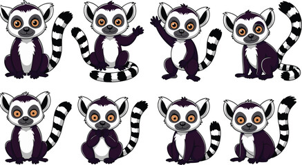 Cute cartoon lemur character set featuring multiple poses and expressions, adorable ring-tailed lemur illustrations for kids, wildlife art and educational designs