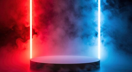 Circular stage engulfed in smoke and mist, illuminated by striking red and blue neon light bars: Dynamic product display.