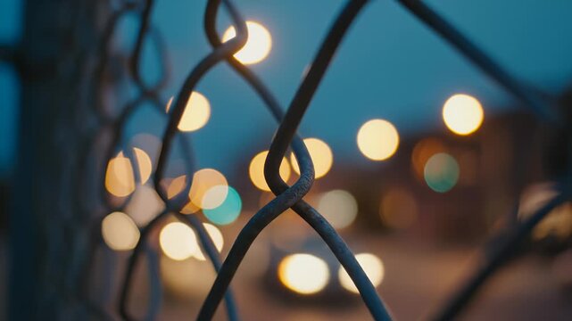 Close Up on Chain Link Fence at Dusk With Bokeh Background Lights
