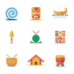 Indigenous culture illustration pack, carvings huts boats shields drums, ethnic festival celebration symbols, modern flat vector design
