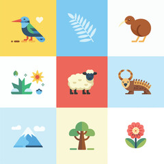Wildlife and nature icon collection, birds plants mountains sheep trees, ecological diversity celebration elements, clean flat vector illustration