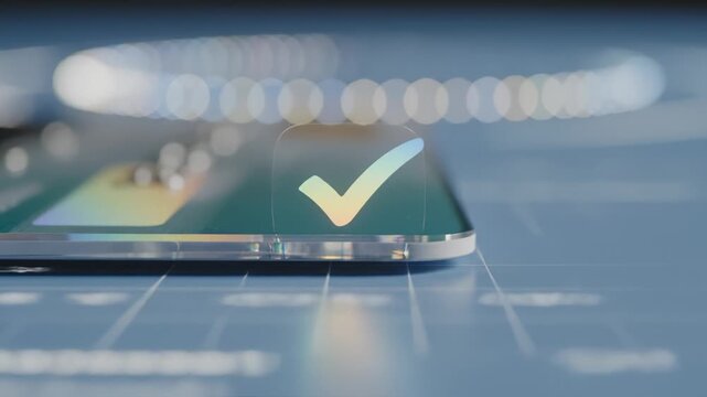 Close Up: Shiny Glass Smartphone Checkmark Button Click Animation