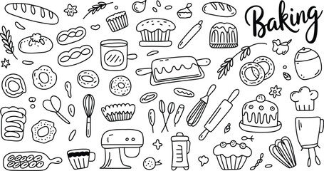 Hand drawn bakery bread and pastry illustration set, vintage sketch food collection with loaves, croissants, pizza slices, tea pots and herbs