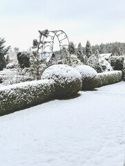 Winter garden covered in white snow featuring an ornamental arch and neatly trimmed evergreen bushes