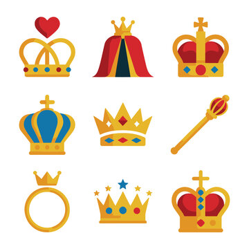 Royal crown and regalia icon set with crowns rings scepters, coronation celebration event symbols, elegant flat vector illustration