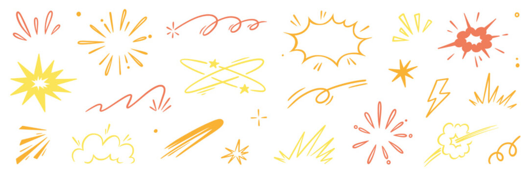 Explosive surprise comic line golden effect set. Hand drawn doodle cartoon speed effect, gold explosive burst action elements. Comic cartoon surprise line luxury shapes. Vector illustration.