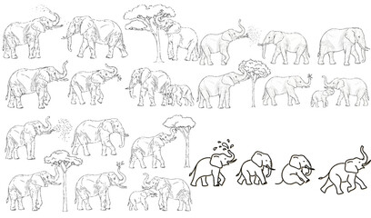 Obraz premium Elephant Illustration Line Art: An engaging illustration of African elephants in their natural habitat, meticulously drawn with fine lines, celebrating these majestic animals and their environment.