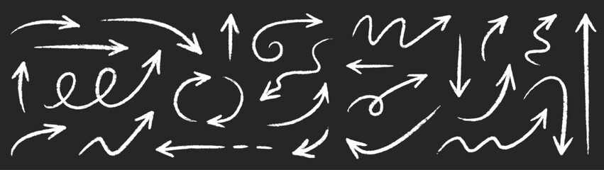 Naklejka na ściany i meble Hand drawn chalk arrow vector set. Hand drawn sketch chalk crayon rough texture brush stroke organic line arrow. Doodle crayon pencil direction element on blackboard background. Vector illustration