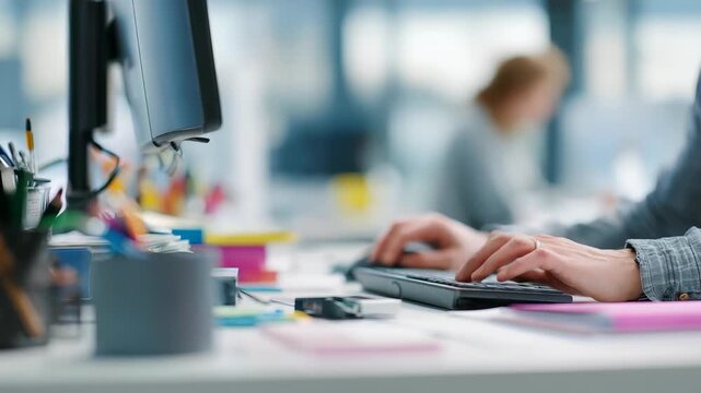 Closeup of hands typing on a computer keyboard in a modern office environment with blurred background. Professional workspace with technology and documents visible on the desk