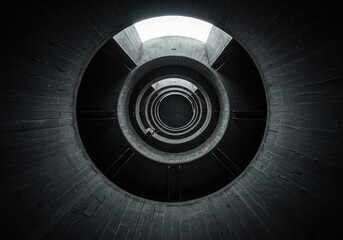 Atmospheric view looking down a deep, dark industrial shaft with concrete walls and limited light filtering from above, creating a mysterious backdrop ,moody ,infrastructure ,underground