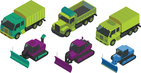 Isometric construction vehicles illustration, dump trucks and snow plows, heavy machinery equipment set, industrial transportation fleet, 3D vector design elements