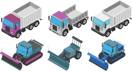 Isometric construction vehicles illustration, dump trucks and snow plows, heavy machinery equipment set, industrial transportation fleet, 3D vector design elements © Mst