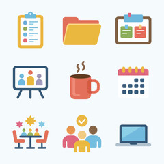 Team collaboration icon pack, meeting people calendar folder coffee chart elements, business communication theme, modern flat vector collection