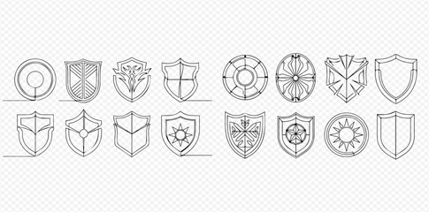Continuous line drawing of various shield shapes for protection and security concepts.