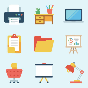 Business presentation icon pack, projector desk printer folder clipboard elements, professional workspace concept, colorful flat vector set
