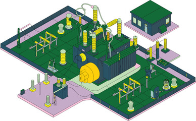 Isometric view of an industrial power plant with transformers, switchgear, and control building, electrical energy generation infrastructure.
