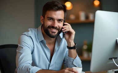 Handsome bearded man leaning on office desk, drinking coffee and talking on the phone. High quality