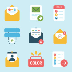 Email communication icon collection, envelope message notification inbox symbols, digital marketing flat vector design illustration set