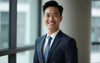Portrait of a handsome smiling Asian businessman boss in a suit standing in a modern business company office. High quality