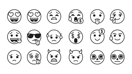 Diverse Set of Outline Emoji Faces Expressing Various Emotions and States of Mind