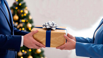 A gift in a gold package with a blue ribbon and a silver bow in front of a holiday tree, handing over a gift in a business setting, the concept of celebration and gratitude