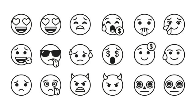 Diverse Set of Outline Emoji Faces Expressing Various Emotions and States of Mind