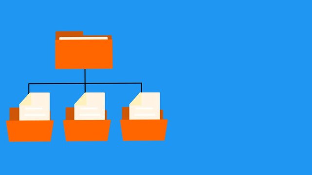Animated orange folder hierarchy with document management system structure. Folder diagram showing document emerging from folder.