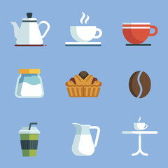 Coffee and tea beverage icons set, kettle cup mug coffee maker cafe drinks flat vector illustration collection