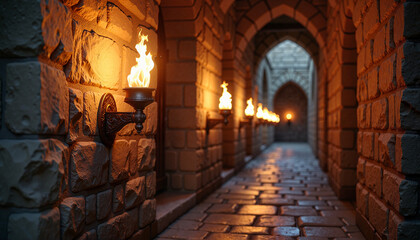 Row of wall torches in warm dramatic light along stone corridor